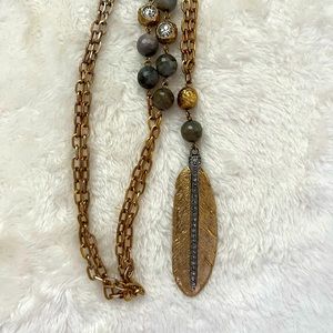 INCREDIBLE TAT 2 VINTAGE GOLD LABRADORITE  MANILA FEATHER NECKLACE, NEVER WORN!